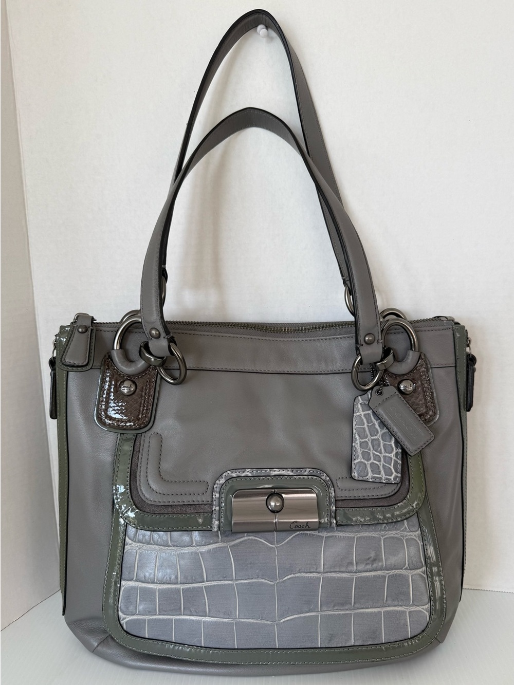 Coach Kristin Spectator Leather Hobo in Gray with Croc-Trim Accents
